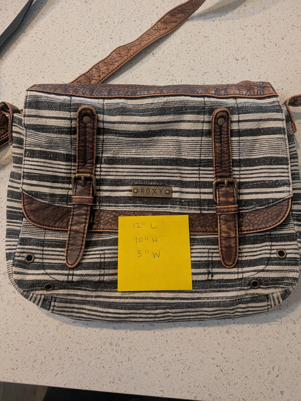 Roxy Black-and-White Striped Messenger Bag with Brown Trim
